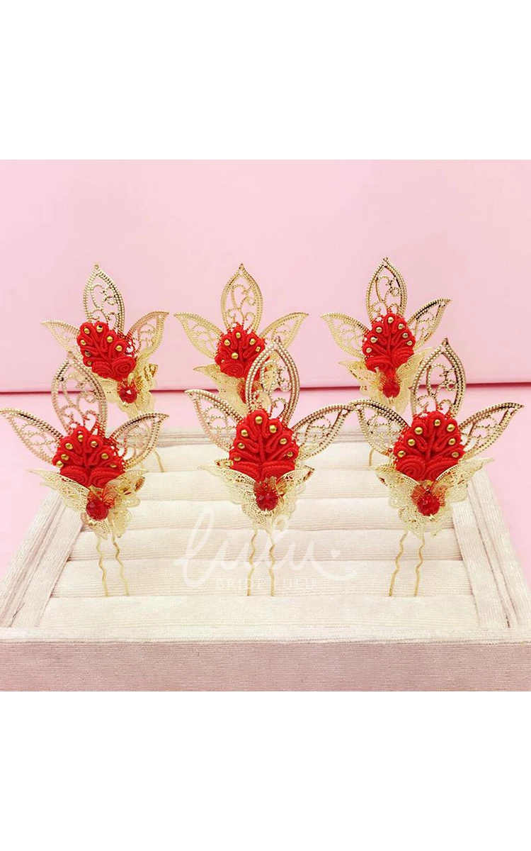 Chinese Cheongsam Wedding Hair Accessories Set with Red Hairpin U-Shaped Clip and Plate