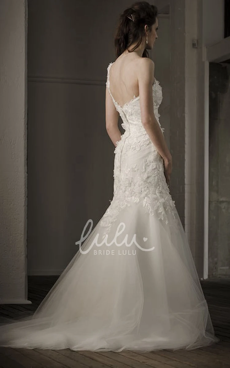 Trumpet One-Shoulder Appliqued Tulle Wedding Dress with Court Train Sleeveless Backless Style
