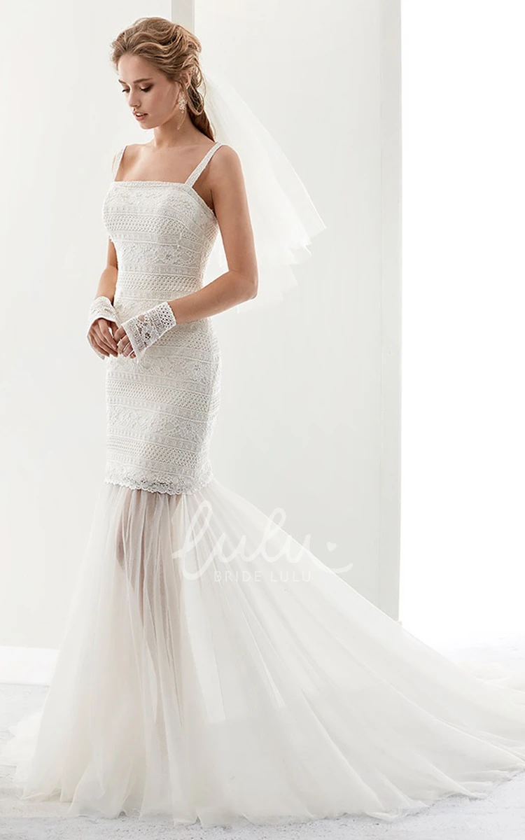 Lace Sheath Wedding Dress with Square Neckline and Detachable Tulle Bottom