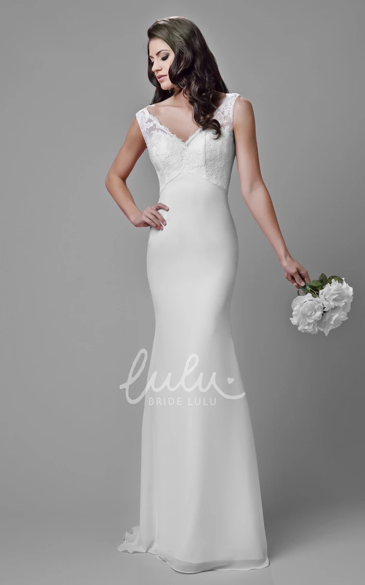 Sleeveless V-Neck Sheath Chiffon Gown with Lace Bodice Classy Bridal Dress