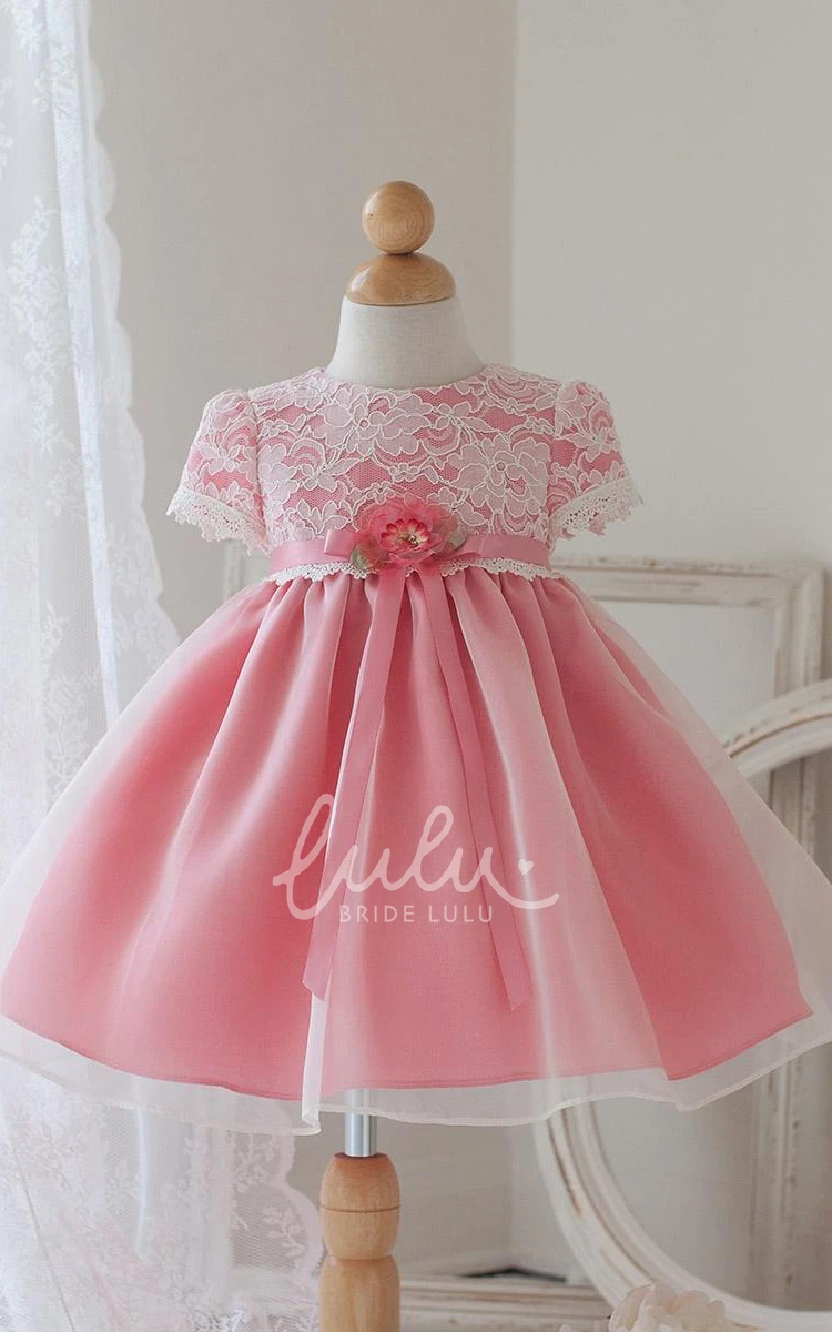 Bowed Tea-Length Flower Girl Dress with Ribbon Floral Lace and Organza