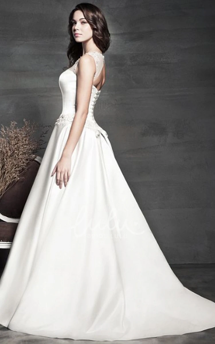 Satin Scoop-Neck Wedding Dress with Beaded Sleeveless A-Line Design Elegant and Modern