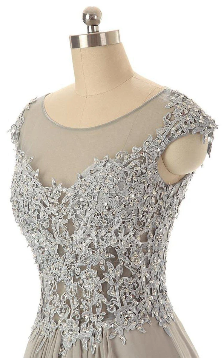 Cap-sleeved A-line Beaded Formal Dress with Flowy Skirt