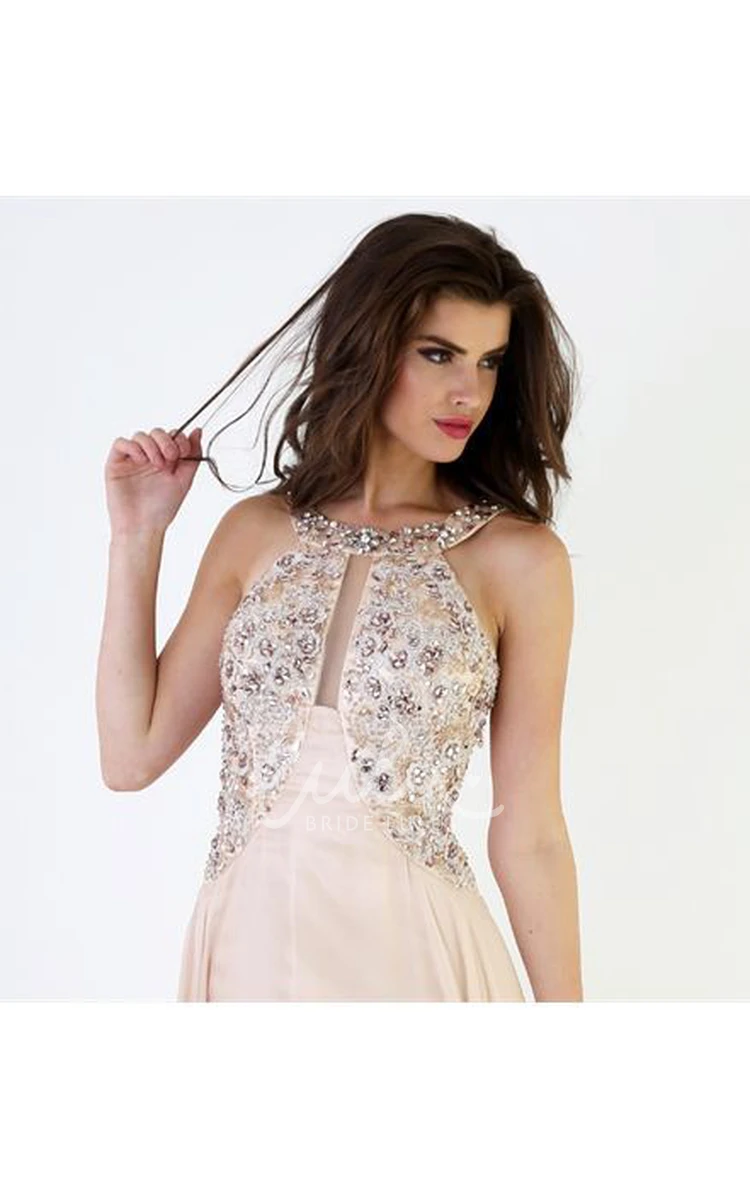 Backless Maxi Sleeveless Chiffon Prom Dress with Beaded Scoop Neck Flowy Prom Dress