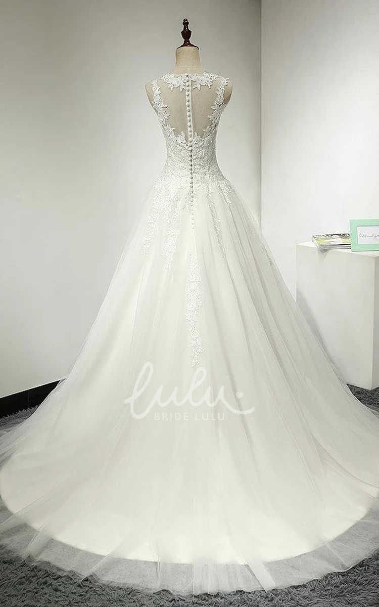 Dropped Waist Lace Bodice A-Line Bridal Gown in Tulle