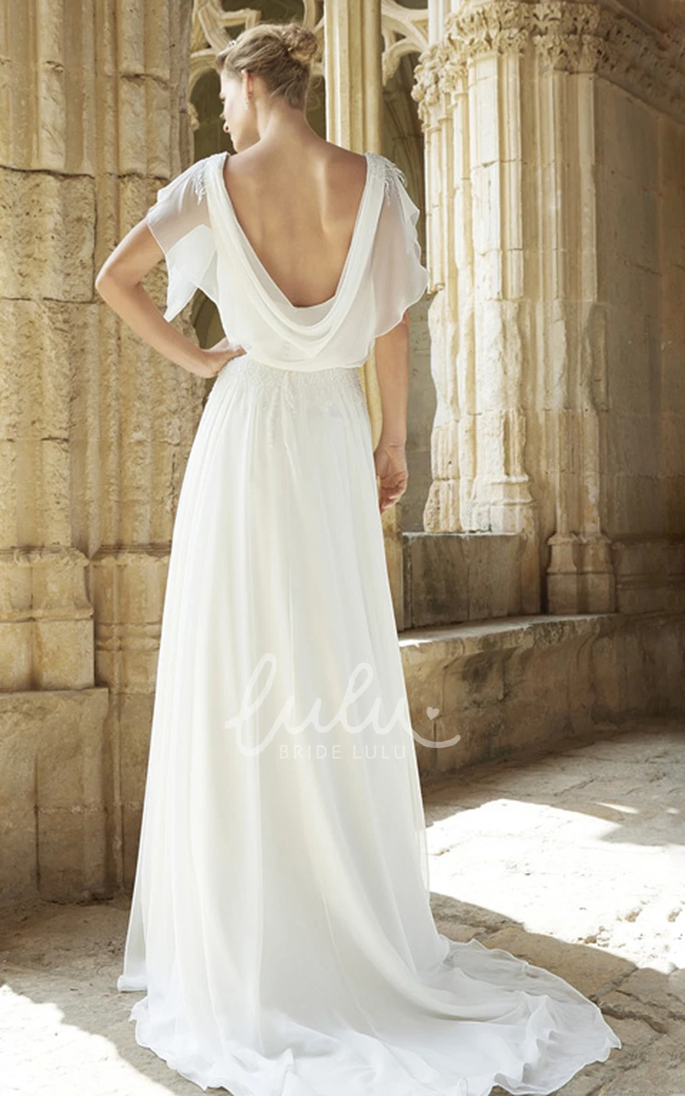 Square Poet-Sleeve Chiffon Wedding Dress with Deep-V Back A-Line Floor-Length