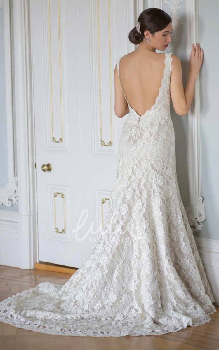 Lace Backless Mermaid Wedding Dress with V-Neck and Sleeveless Design