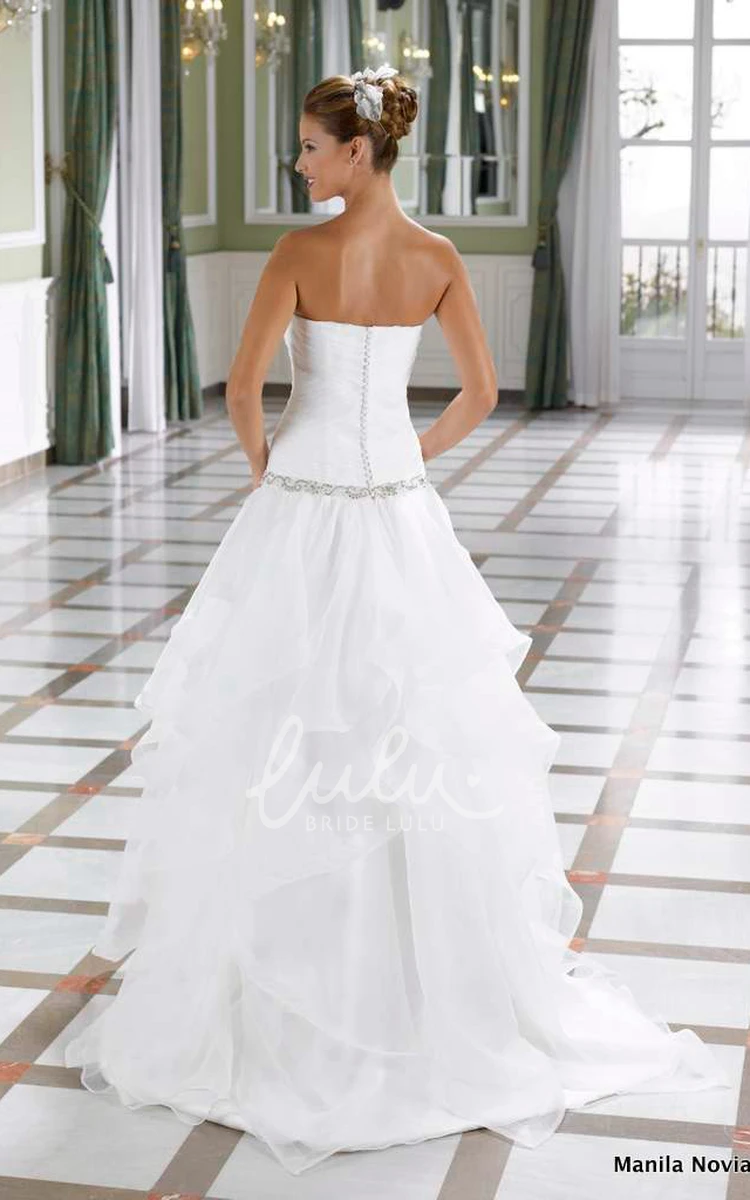 Organza Cascading-Ruffle A-Line Wedding Dress with Waist Jewelry and Strapless Neckline