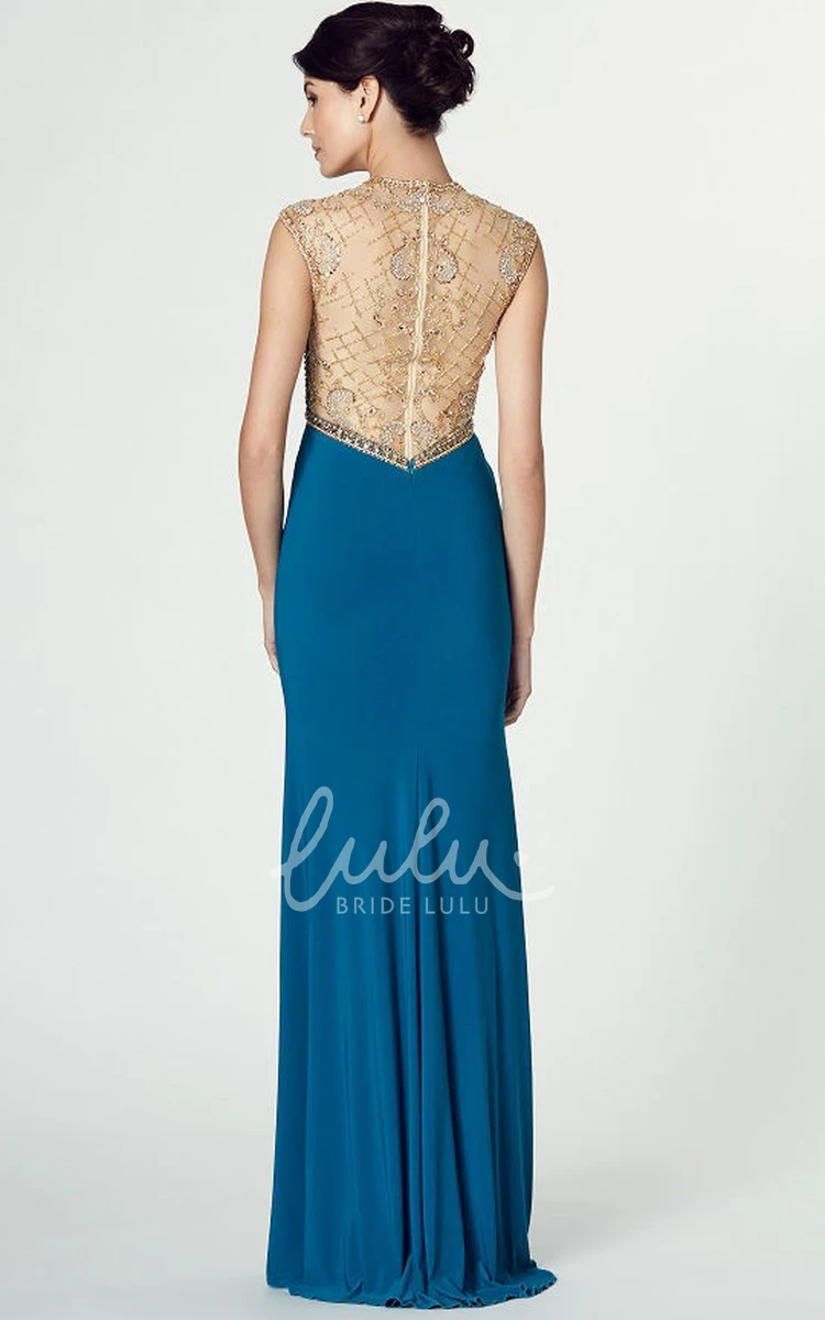 Long Cap-Sleeve Sheath Jersey Prom Dress Unique Formal Gown with Illusion Back and Split Front