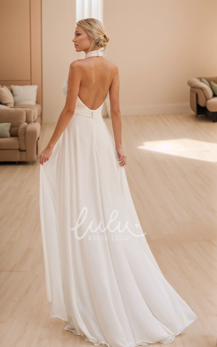 Modern Sexy A-Line Jumpsuit Halter Neckline Removable Train Wedding Dress Minimalist Flowy Civil Courthouse Maxi Bridal Gown