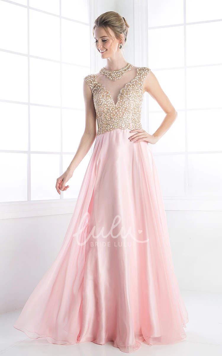 Satin Illusion Dress with Beading and Pleats A-Line Jewel-Neck Ankle-Length