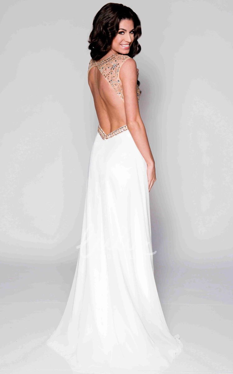 Chiffon Cap Sleeve Prom Dress with Beaded Bodice Keyhole Back and Bateau Neck