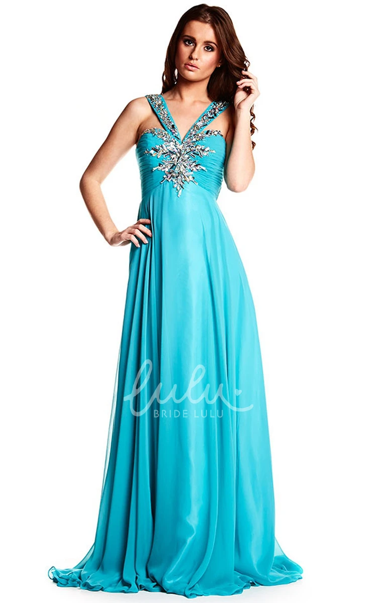 Strapped Chiffon Prom Dress with Beaded Details and Brush Train Classy Prom Dress for Women