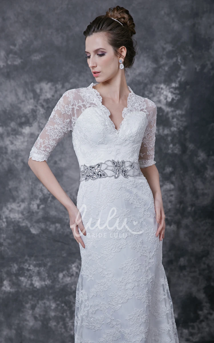 Crystal Embellished Waist Long Lace Dress with 3/4 Sleeves