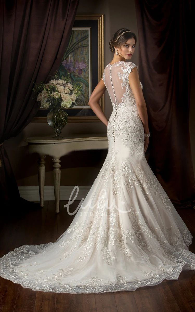 Mermaid Wedding Dress with High Neck Cap Sleeves Appliques and Illusion Back