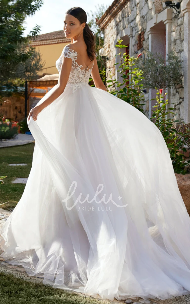 Lace A-Line Chiffon Wedding Dress with V-Neck and Cap Sleeves Elegant Bridal Gown