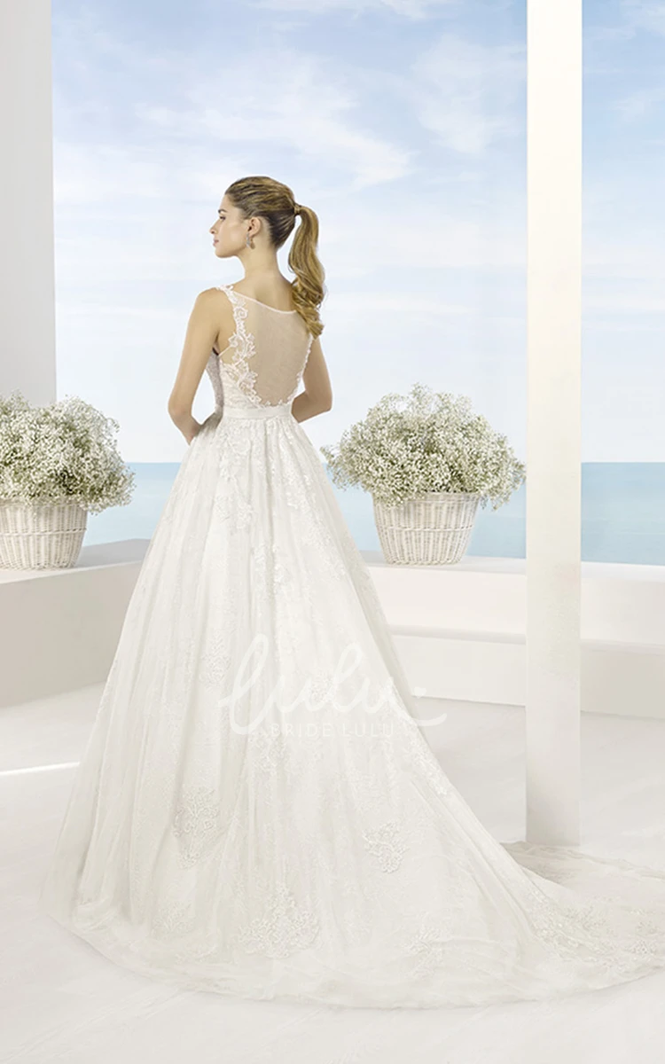 Sleeveless Appliqued Tulle Wedding Dress with Illusion Back A-Line Silhouette