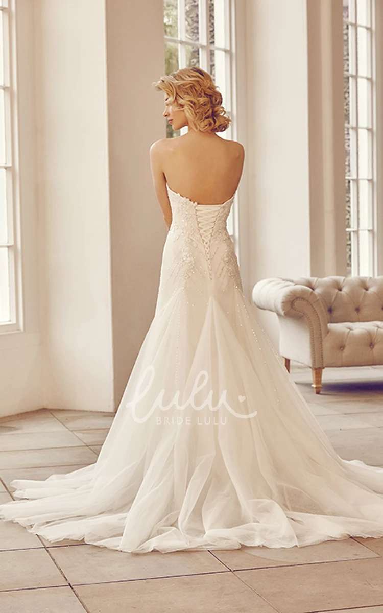 Beaded Strapless Tulle Wedding Dress with Court Train and Lace-Up Boho