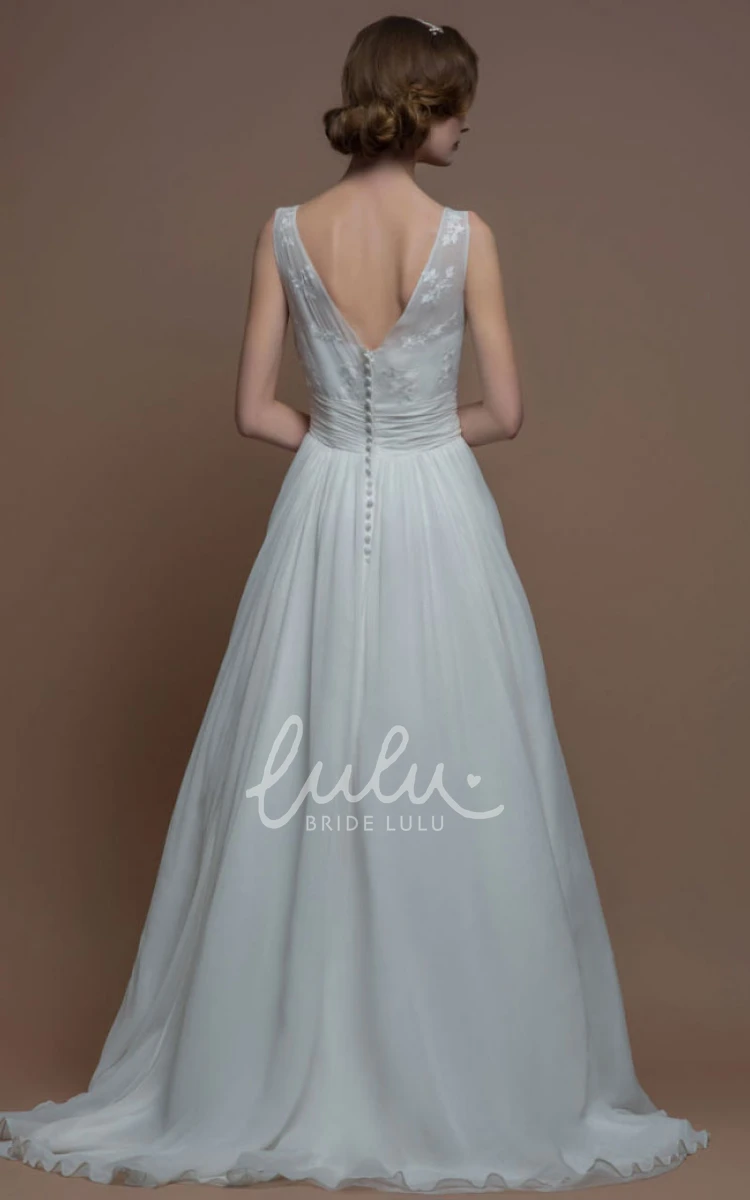 Sleeveless Maxi Appliqued Bateau Wedding Dress A-Line with Low V-Back