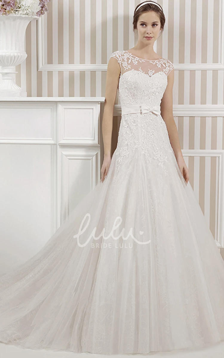 Appliqued Sleeveless A-Line Wedding Dress with Scoop Neck and Illusion Back