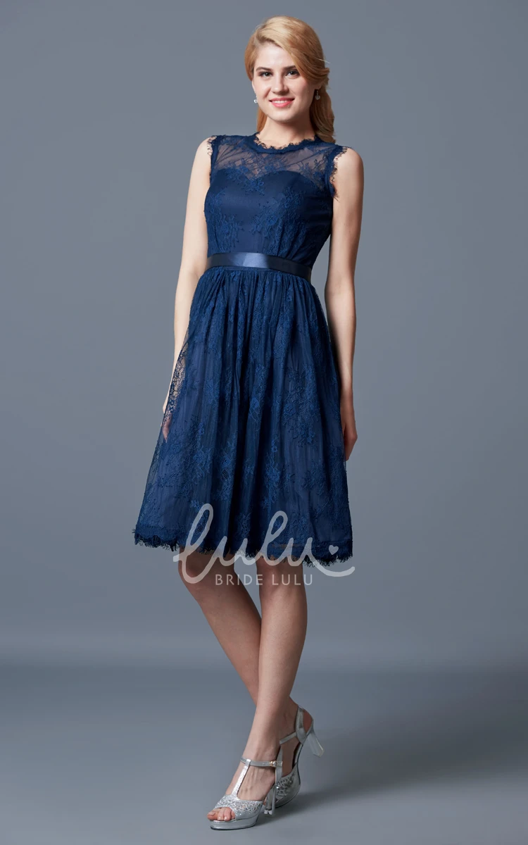 Knee Length Lace Bridesmaid Dress with Keyhole Back High Neck A-Line