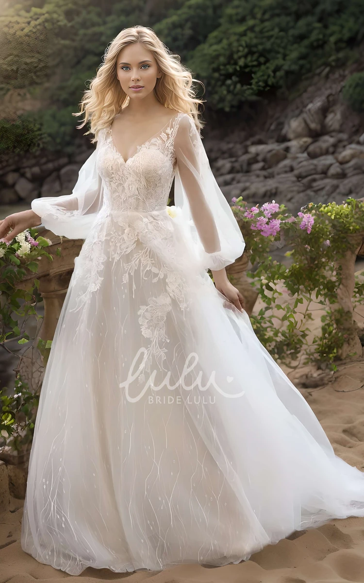 Modern Sexy A-Line Boho Lace Puff Sleeve Wedding Dress Beach Garden Floral Appliqued Tulle Backless Bridal Gown