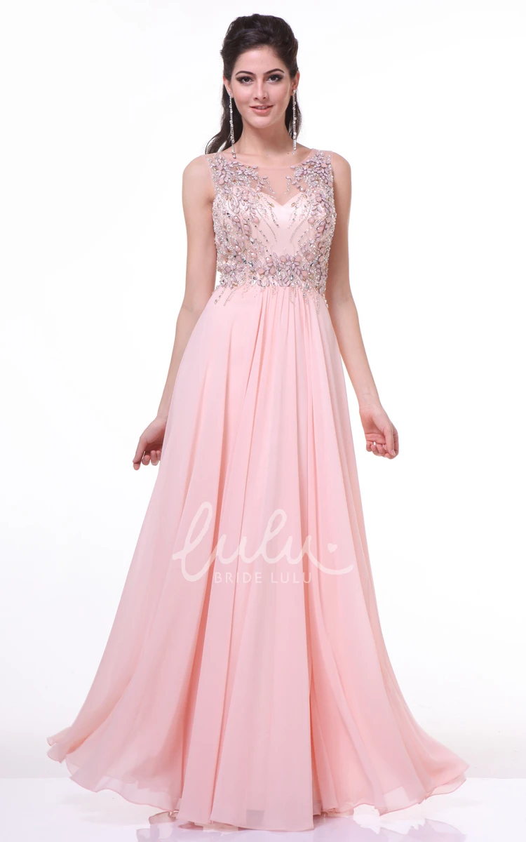 Chiffon Maxi A-Line Dress with Beading Pleats and Scoop Neckline