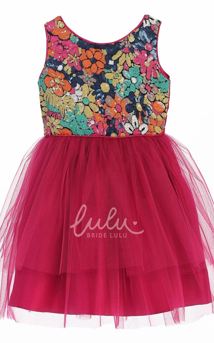 Floral Tulle Sequin Flower Girl Dress Tea-Length with Ribbon