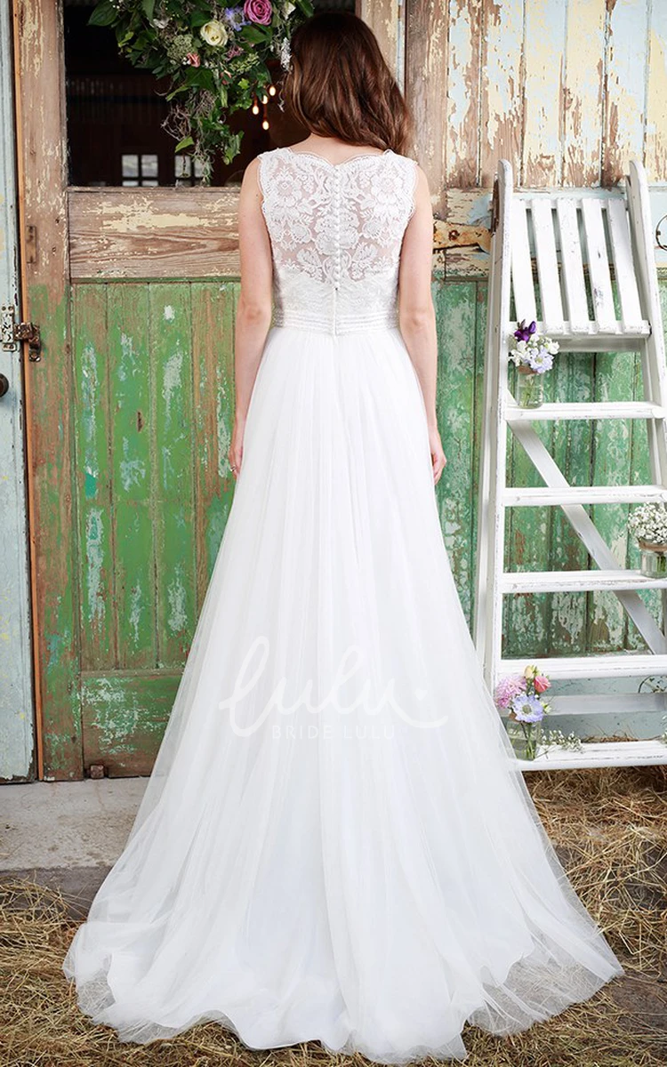 Sleeveless Tulle Wedding Dress with Illusion Pleats Elegant Bridal Gown