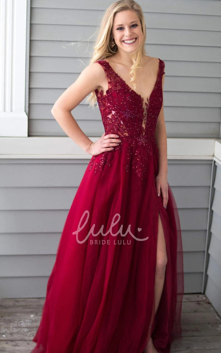 A-Line Chiffon Romantic Dress with Appliques and Split Front for Formals