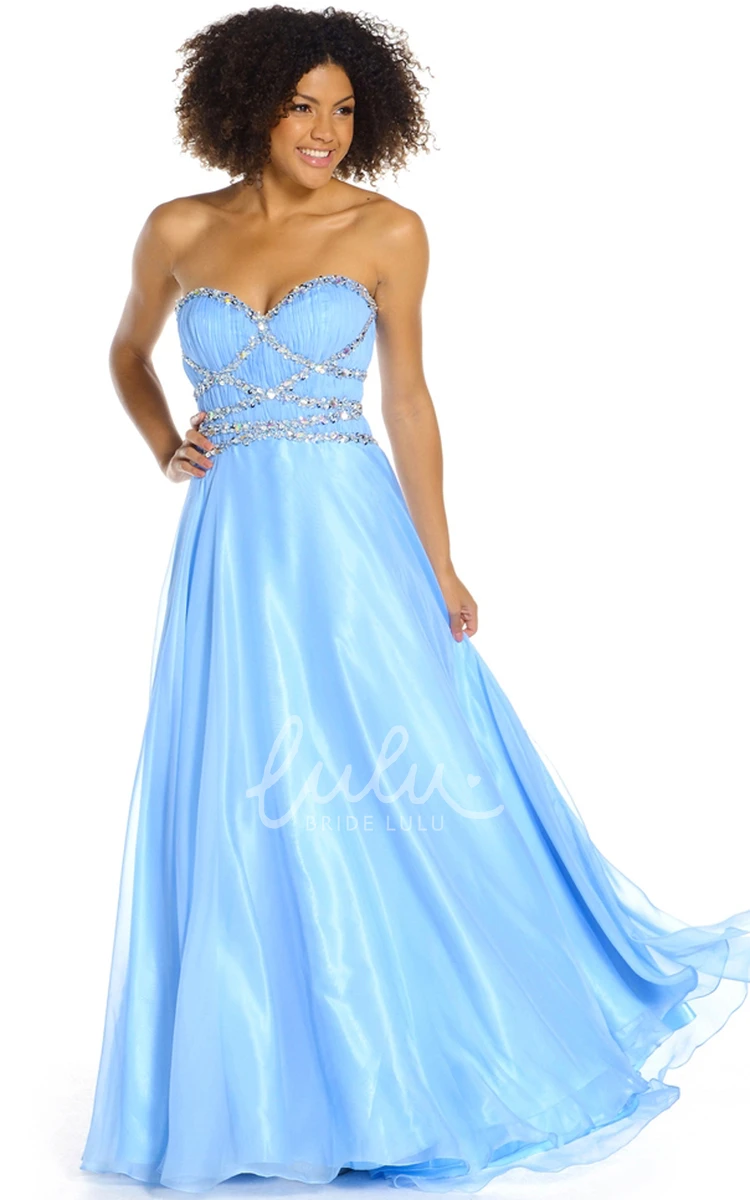 Long Sweetheart A-Line Tulle&Satin Prom Dress Sleeveless and Beaded