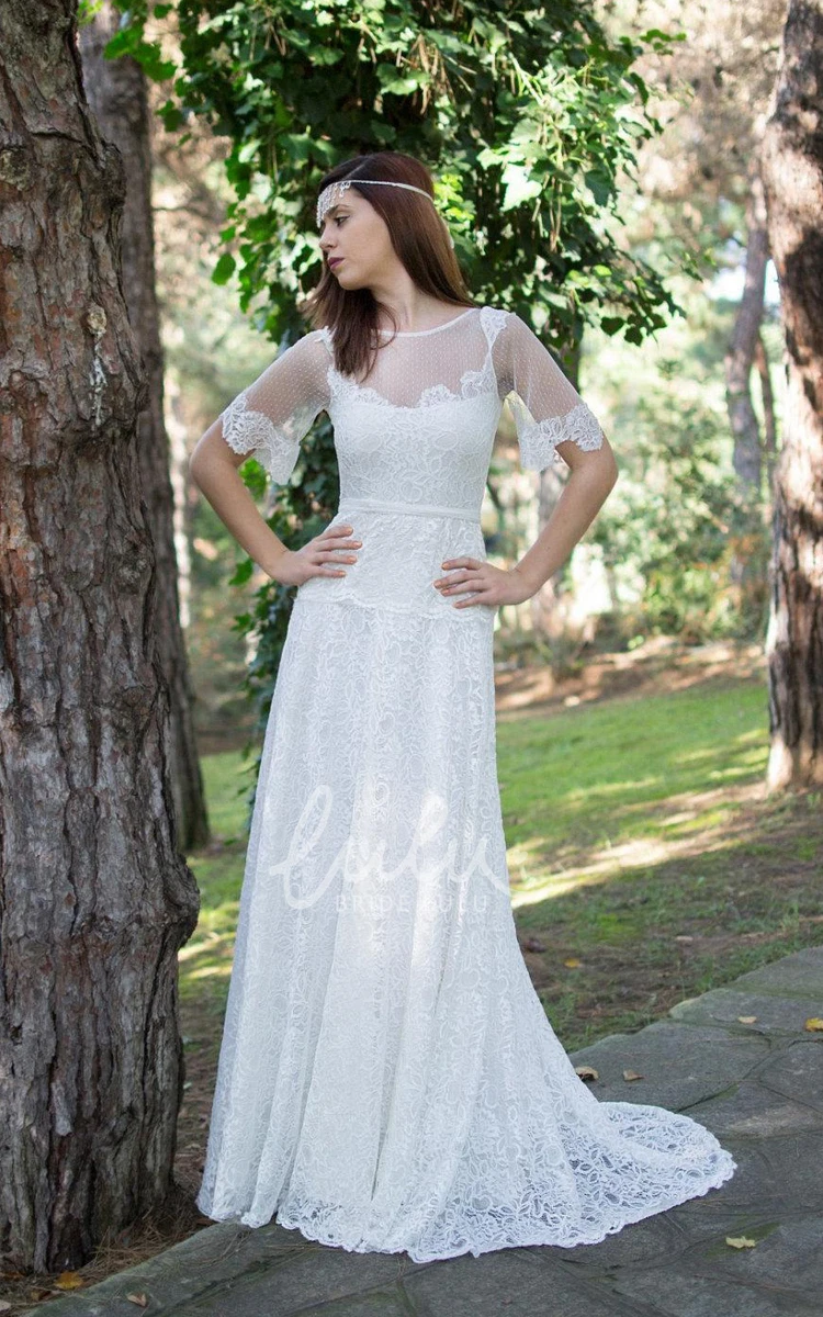 Illusion Back Lace Wedding Dress with Short Bell Sleeves and Sash Boho Bridal Gown