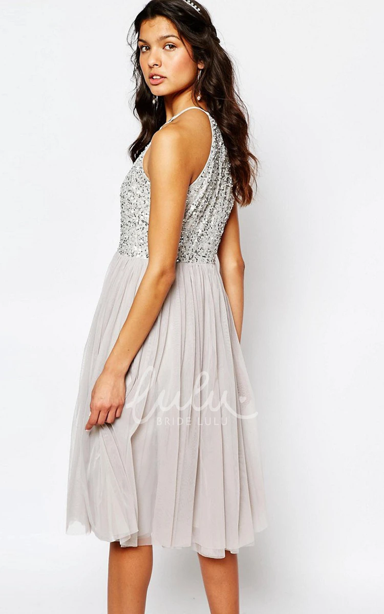 Sequined A-Line Tulle Bridesmaid Dress with Pleats Tea-Length Sleeveless