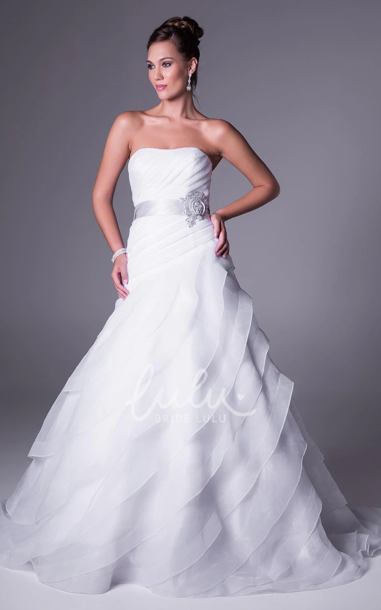 Tiered Organza Wedding Dress with Strapless Bodice and Sleeveless A-Line Silhouette