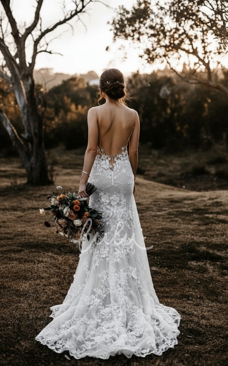 Sexy Mermaid V-Neck Sleeveless Backless Illusion Straps Adorable Lace Appliques Chill Country Warm Wedding Dress with Train