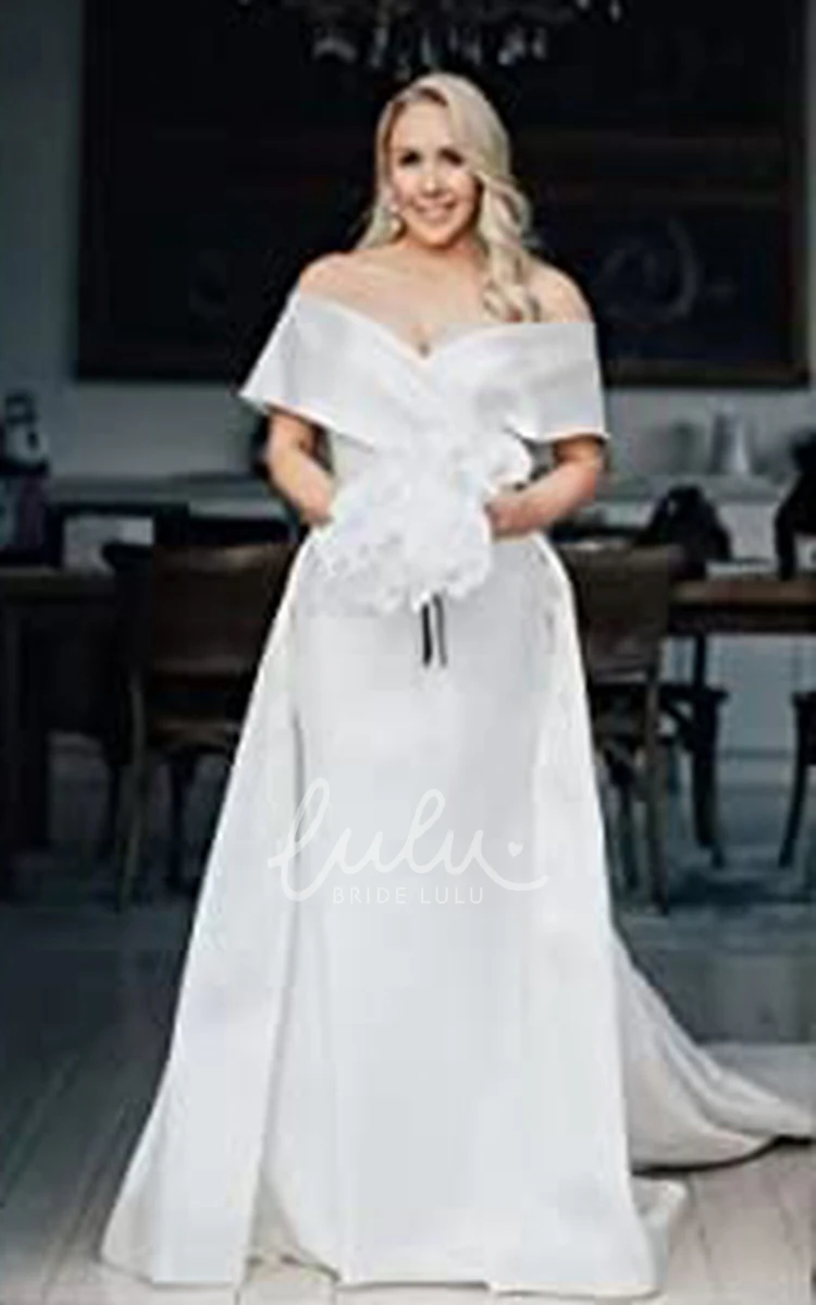 Elegant Satin A-Line Wedding Dress with Off-the-shoulder Neckline and Split Front Short Sleeves