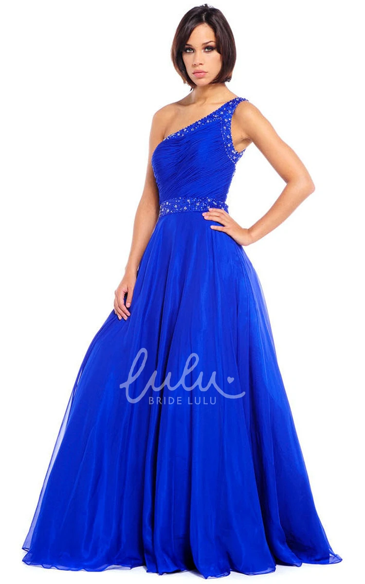 Maxi Chiffon One-Shoulder Prom Dress with Ruching and Beading