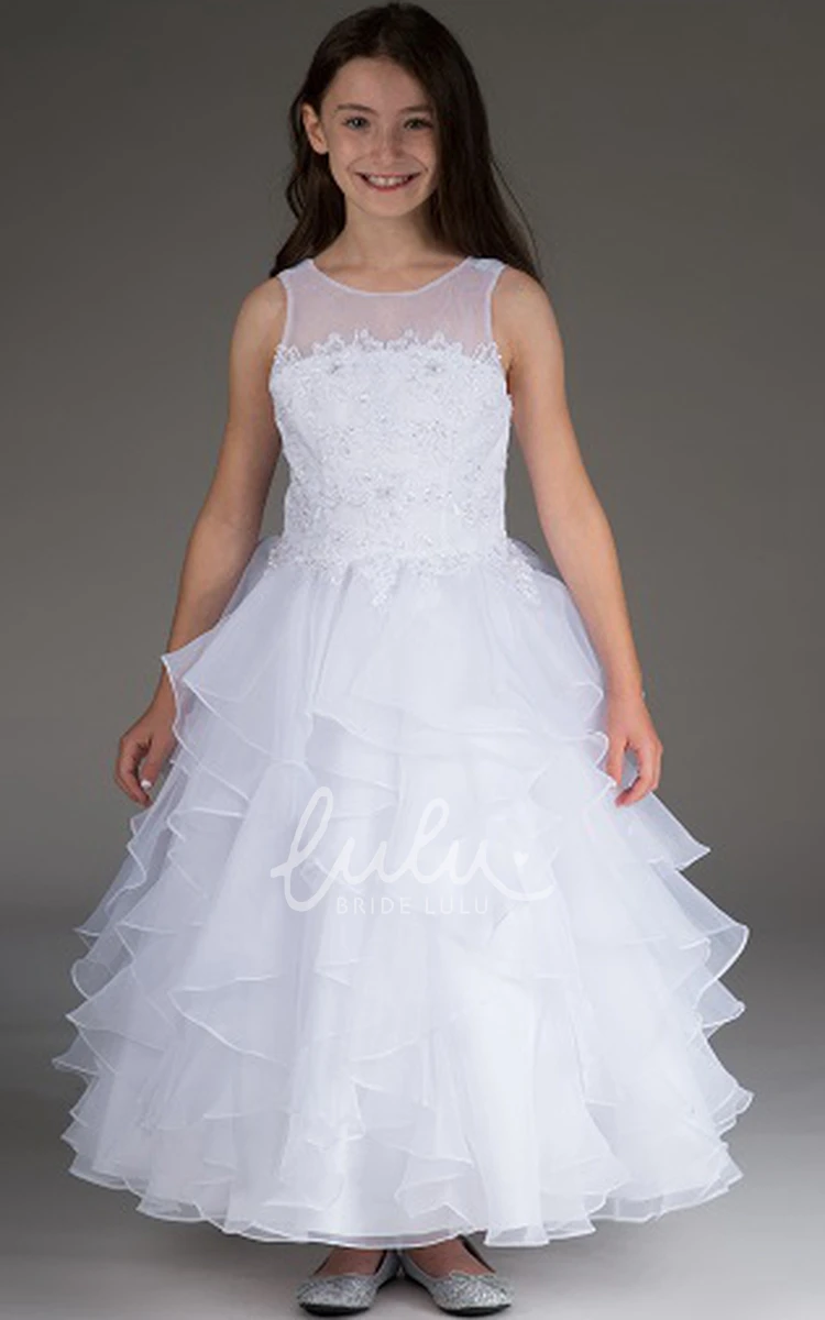 Sleeveless Tiered Organza Flower Girl Ball Gown with Scoop Neck Flowy and Cute