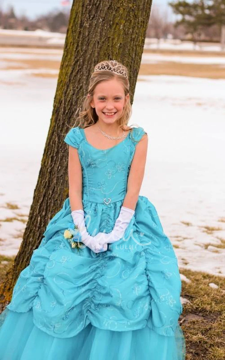 Tiered Taffeta & Lace Flower Girl Dress with Brooch Ankle-Length