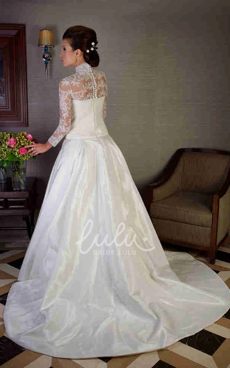 Lace Long-Sleeve Satin Wedding Dress with High Neck