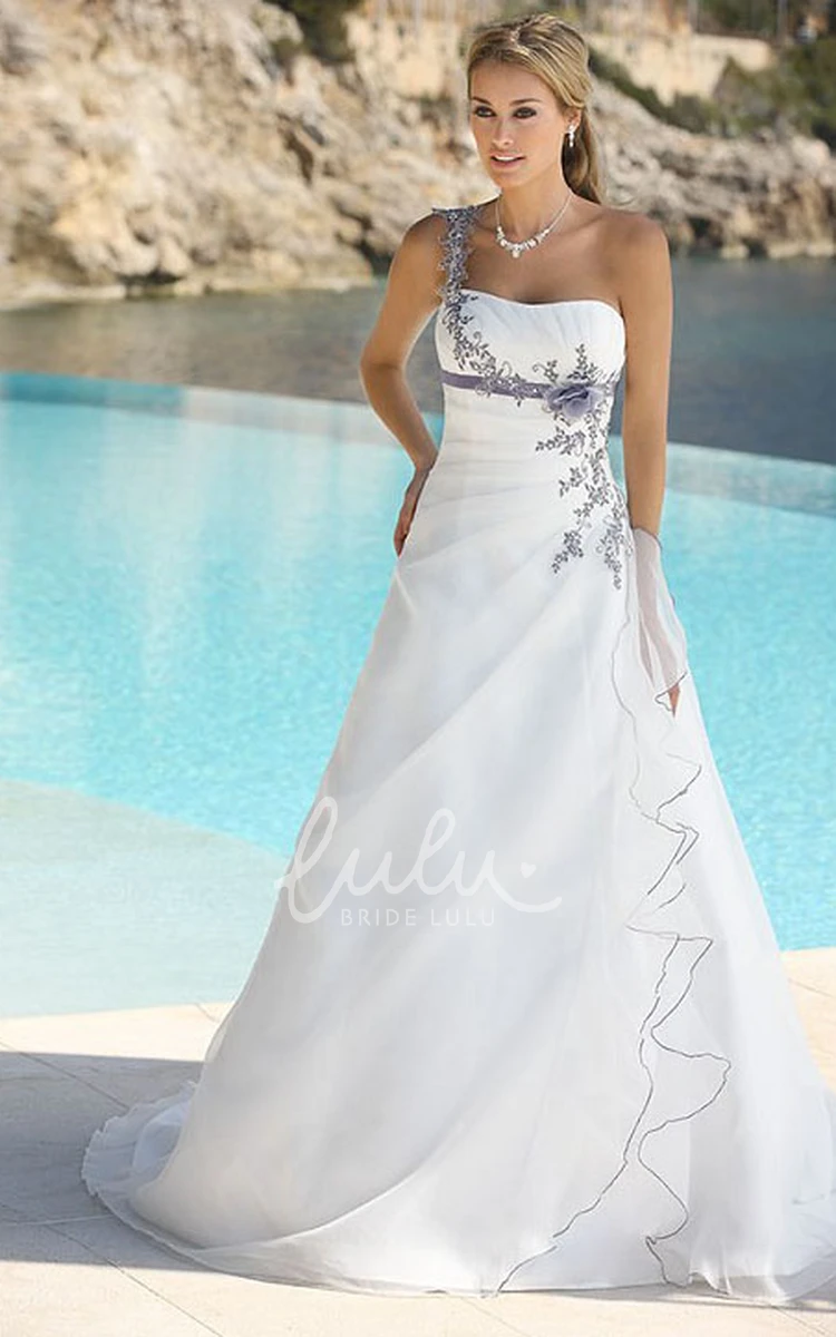 One-Shoulder Satin A-Line Wedding Dress with Flower and Draping Classic Bridal Gown