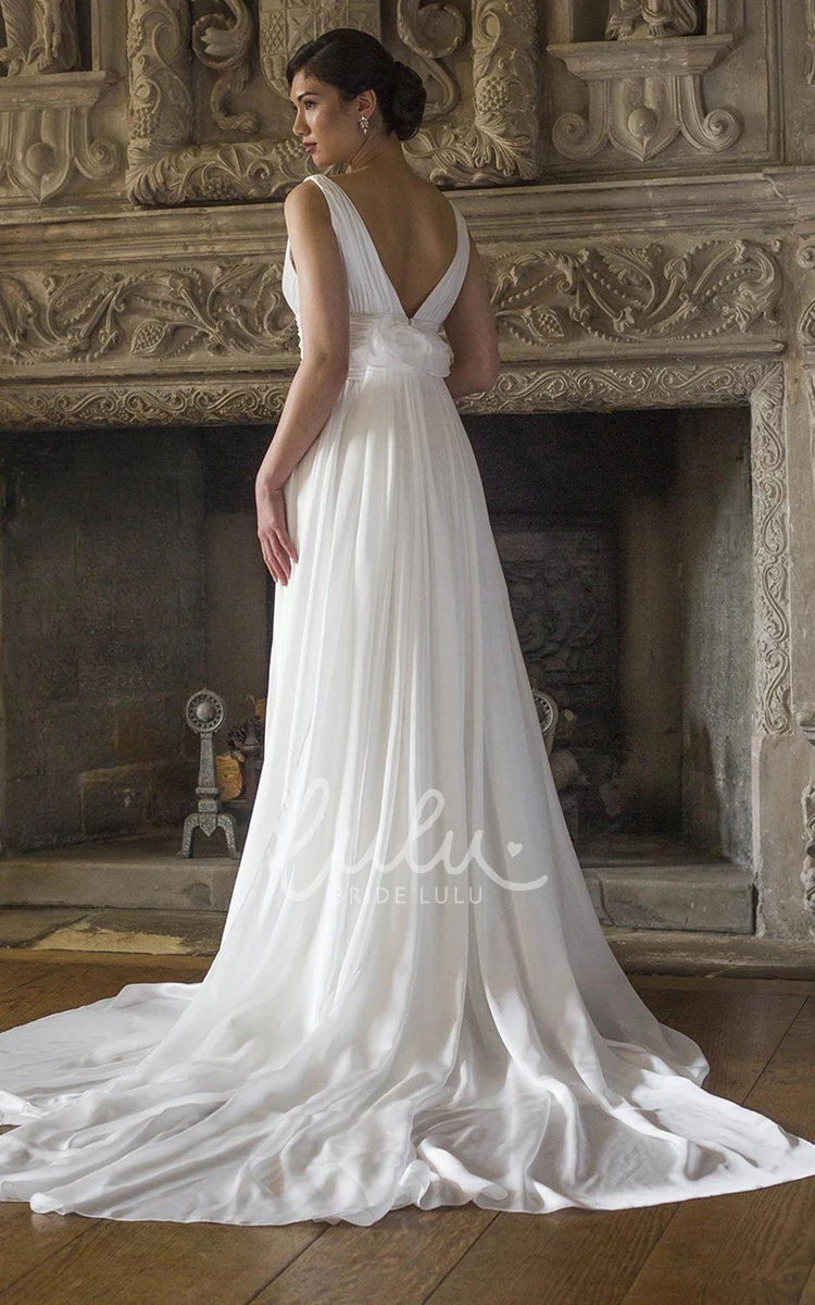V-Neck Ruched Chiffon Wedding Dress with Pleats A-Line Sleeveless Wedding Dress