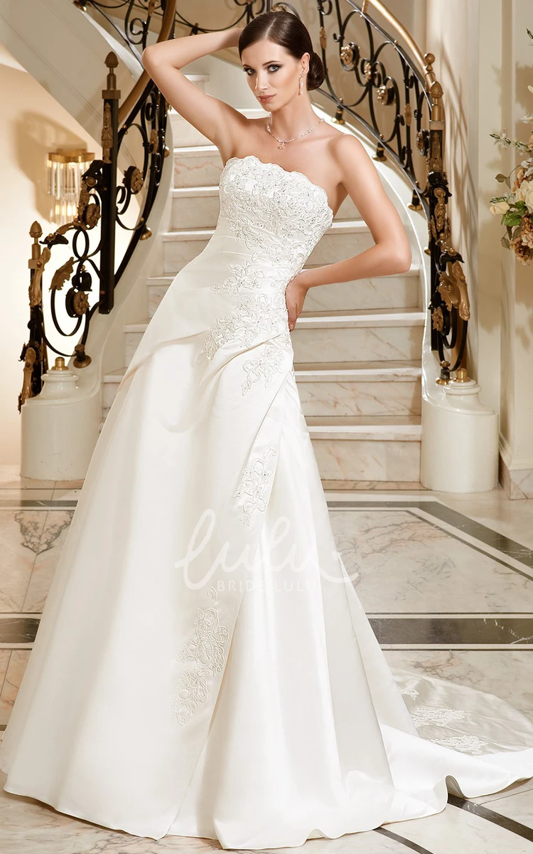 Satin A-Line Strapless Wedding Dress with Appliques and Side Draping