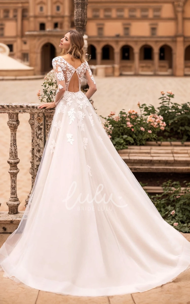 Floral Bohemian A-Line Winter Long Sleeve Wedding Dress Sexy Princess V-Neck Backless Appliques Chapel Train Bridal Gown