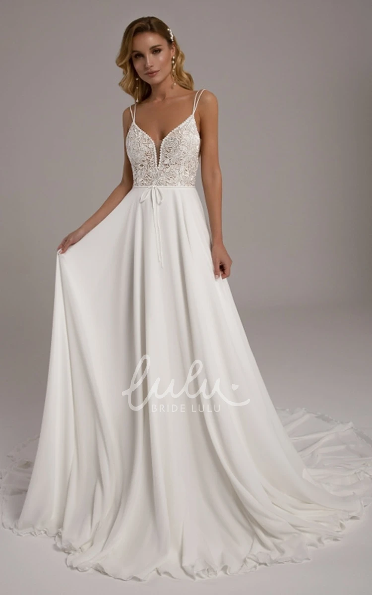 A-Line Chiffon and Lace Plunging Neckline Wedding Dress Modern Chiffon and Lace A-Line Wedding Dress with Plunging Neckline