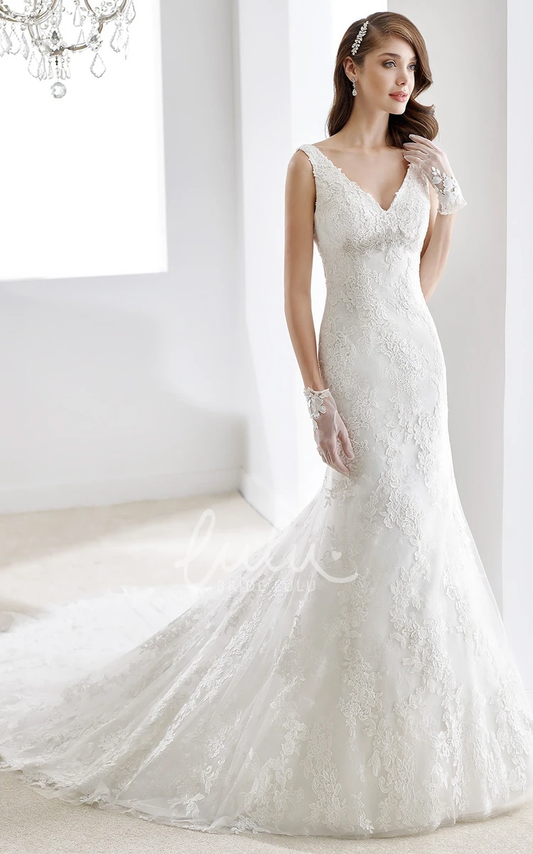 Lace V-Neck Sheath Wedding Dress with Beaded Details and Illusive Back