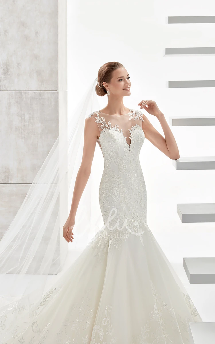 Lace Mermaid Wedding Dress with Jewel Neckline and Brush Train Elegant Bridal Gown