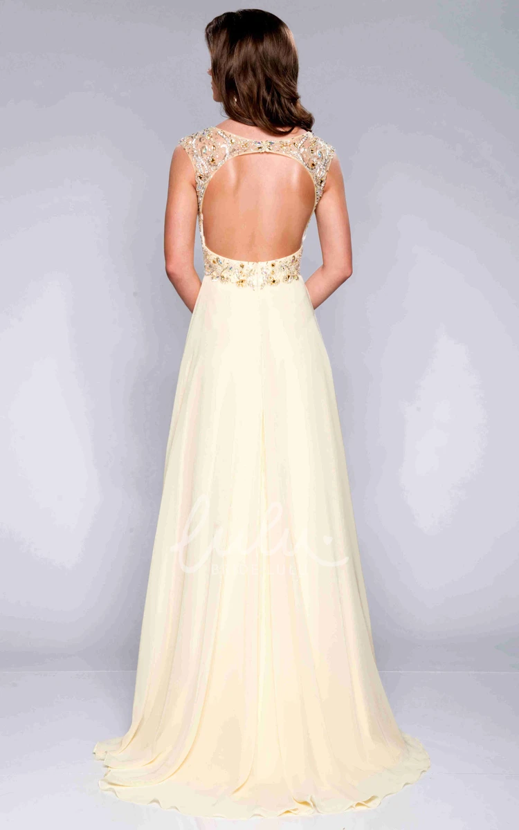 Bateau Neck Prom Dress with Cap Sleeves and Flowy A-Line Chiffon Skirt