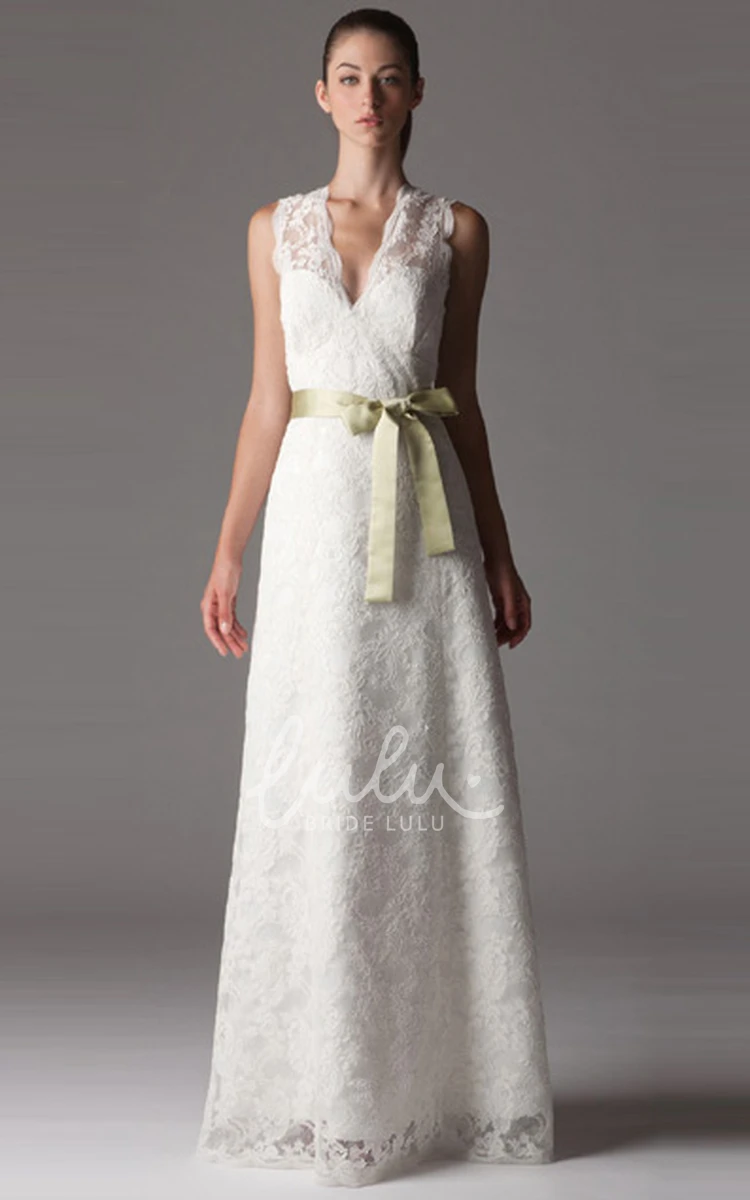 Lace Wedding Dress With Bow And V Back Sleeveless Sheath V-Neck Long