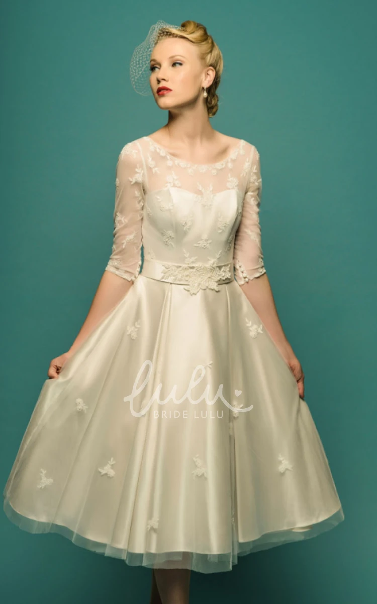 Illusion Sleeve Tea-Length A-Line Tulle Wedding Dress with Appliques
